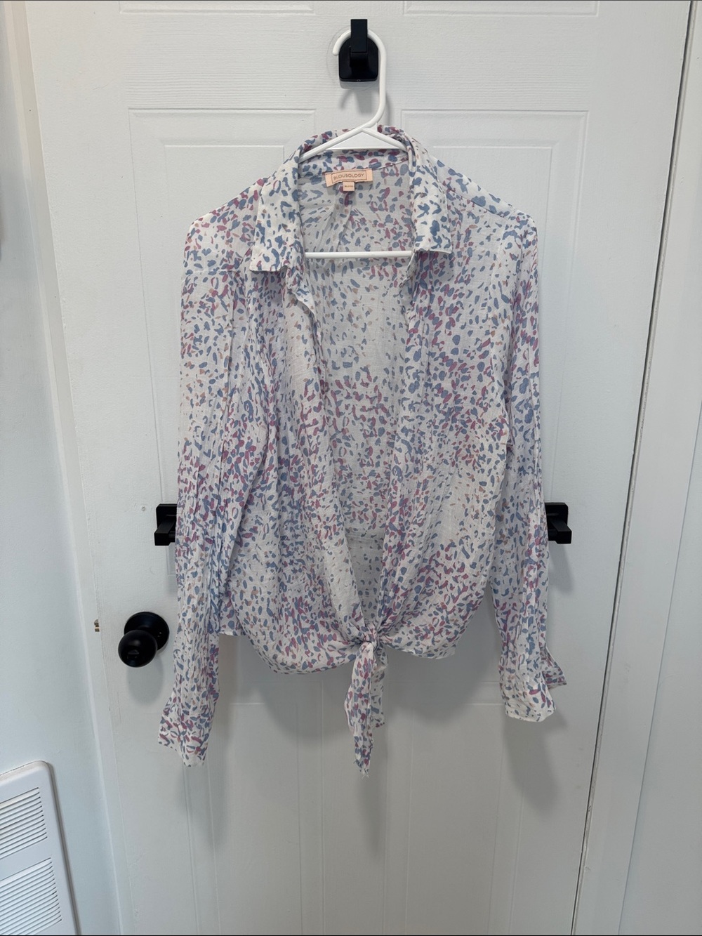 Tie-Front Sheer Printed Blouse - White with Pink & Blue Spots